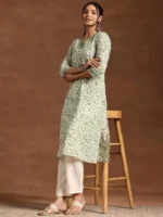 Green Printed Cotton Straight Kurta