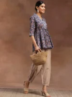 Blue Printed Cotton A-Line Kurti - Image 3