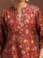 Red Printed Silk Blend A-Line Kurti - Image 3
