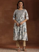 Blue Printed Silk A-Line Kurta - Image 2