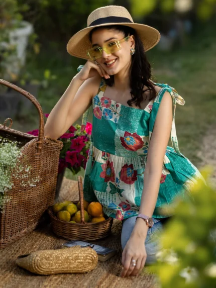 Green Printed Cotton Anarkali Short Kurti