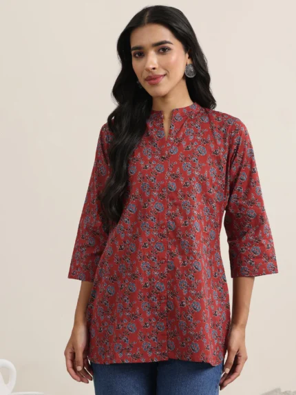 Maroon Printed Cotton Straight Short Kurti