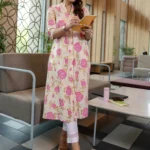 Pink Printed Cotton Blend Straight Kurta