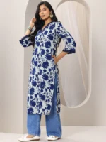 Indigo Printed Cotton Straight Kurta - Image 2