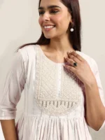 Off White Printed Cotton Anarkali Short Kurti - Image 3