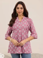 Mauve Printed Cotton Straight Short Kurti - Image 3