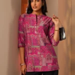 Pink Printed Silk Blend Straight Short Kurti
