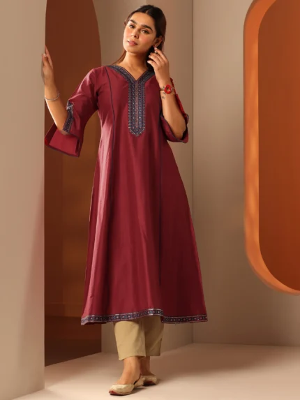 Maroon Embroidered Silk Blend A-Line Kurta