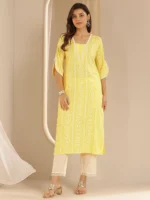 Yellow Printed Rayon Straight Kurta