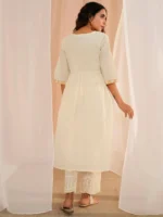 Off White Yoke Design Cotton A-Line Kurta - Image 3