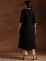 Black Yoke Design Silk A-Line Kurta - Image 3