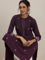 Wine Embroidered Wool Straight Kurta - Image 3