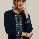Blue Embroidered Wool Straight Kurta