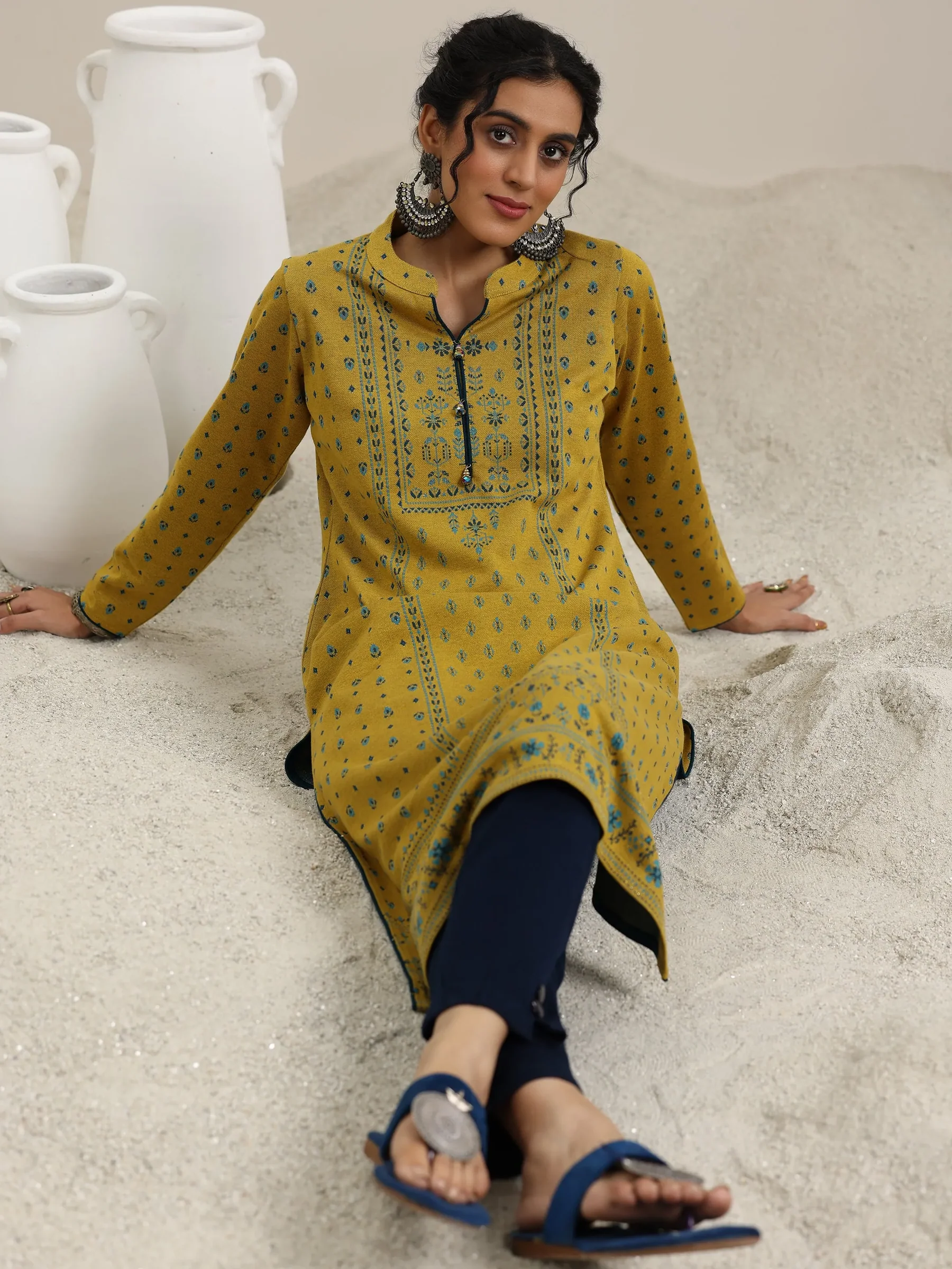 58147_1-1.webp Mustard Woven Design Wool Straight Kurta - Image 1