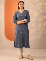 Grey Embroidered Silk Blend Straight Kurta - Image 4