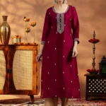 Maroon Embroidered Silk Straight Kurta