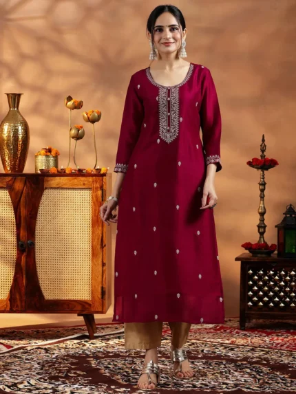 Maroon Embroidered Silk Straight Kurta