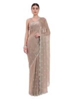 Women's Beige Organza Crushed Siroski Work Embellished Border Saree With Unstitched Blouse