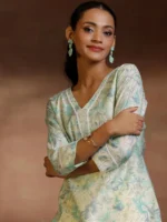 Green Printed Silk Blend Straight Kurti - Image 2