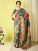 Teal Woven Viscose Saree with Unstitched Blouse