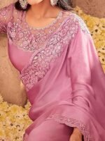 Women's And Girls Embroidery Lace & Sequence Embroidery Chiffon Saree With Unstitched Blouse Piece - Image 3
