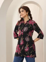Black Printed Silk Blend Straight Short Kurti - Image 2