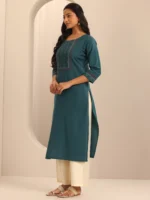 Teal Printed Cotton Blend Straight Kurta - Image 2