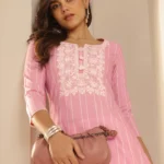 Pink Embroidered Cotton Blend Straight Kurta