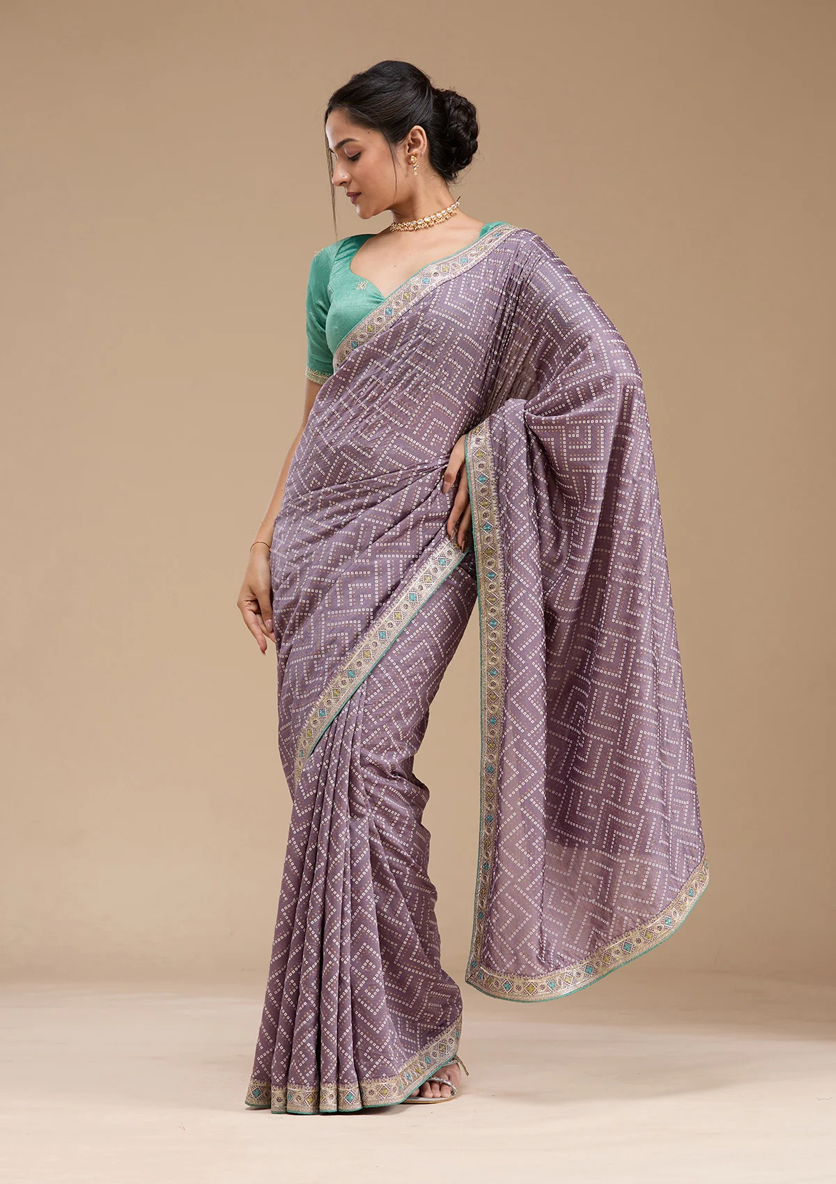 SAUS0044328_LAVENDER_6.webp Lavender Printed Soft Raw Silk Saree - Image 1