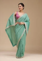 Sea Green Printed Soft Raw Silk Saree