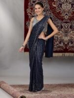 Silver and Blue Sequin Embellished Crop Top and Pre-Stitched Saree (Set of 2)