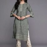 Grey Printed Silk Straight Kurta