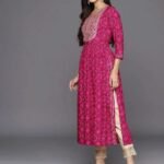 Magenta Printed Rayon A-Line Kurta