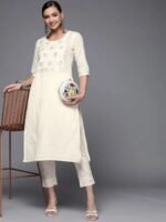 Off White Yoke Design Cotton Straight Kurta - Image 3
