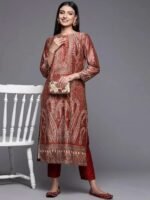 Rust Printed Velvet Straight Kurta - Image 3