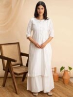 White Woven Design Cotton Kurta - Image 3