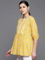 Yellow Printed Cotton A-Line Kurti - Image 3