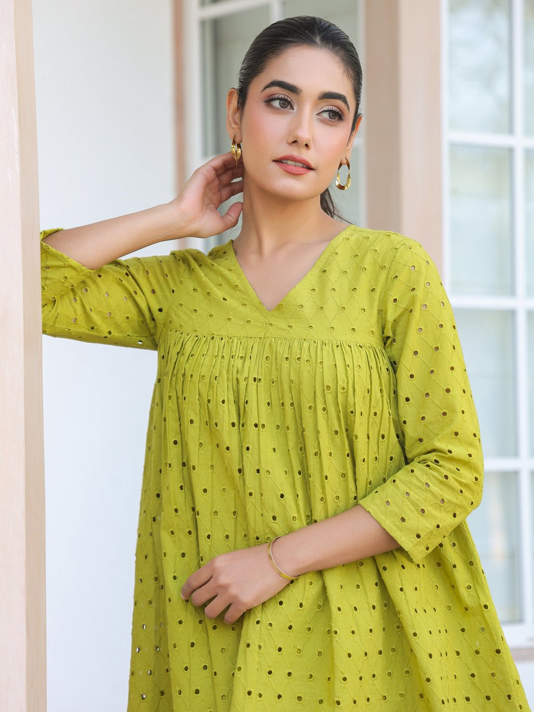 JAA25TU02084_1.jpg Lime Green Pure Cotton Schiffli A-Line Short Kurti - Image 1