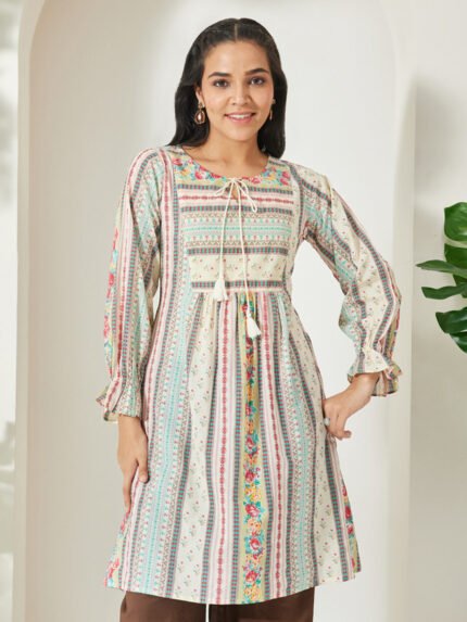 Cream Pure Cotton Floral Printed A-Line Short Kurti