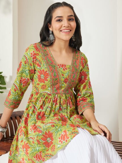 Lime Green Pure Cotton Floral Printed A-Line Short Kurti