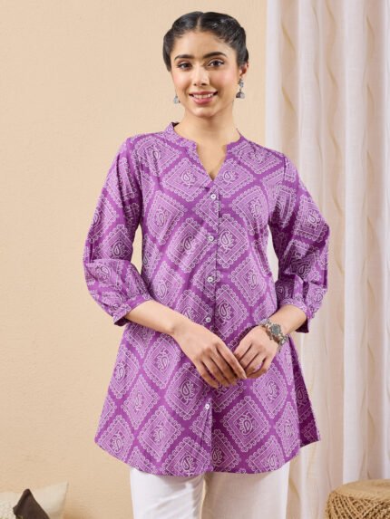Purple Pure Cotton Bandhani Printed A-Line Short Kurti