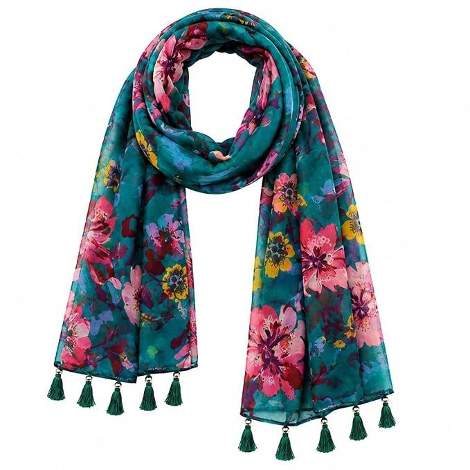 71kIlerjFSL._SX679_.jpg Women's Teal Floral Print Scarf with Tassel Fringe - Image 1