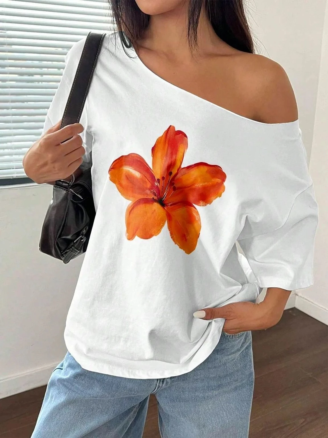 s-cd-offsh-women-white-orangeflower-calm-down-original-imahp2zb3meuhxuv.webp Women Printed Boat Neck Cotton Blend White T-Shirt - Image 1